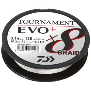 DAIWA Tournament x8 Braid EVO+, 135m, 0,1mm, 6.7kg / 14,77lbs, white, Braided Fishing Line, 12763-010