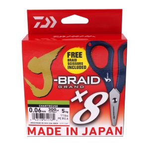 DAIWA J-Braid Grand X8, 270m, 0,3mm, 8.5kg / 18,74lbs, chartreuse, Braided Fishing Line, with free scissors, 12797-113P